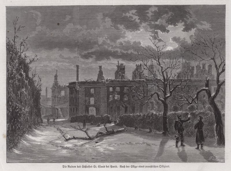 Ruinerne af Chateau de Saint-Cloud, Paris, ødelagt af preussisk beskydning i 1870 under den fransk-preussiske krig (gravering) af German School