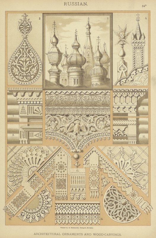 Russiske, arkitektoniske ornamenter og træudskæringer (farve litho) af German School