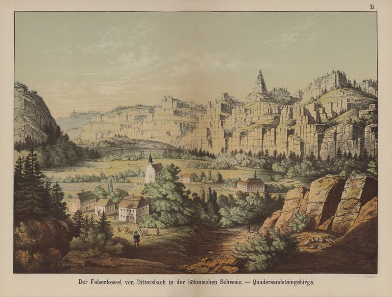 Sandstensbjerge i "Bohemian Switzerland", Jetrichovice (Dittersbach), Tjekkiet (farve litho) af German School