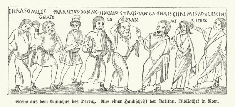 Scene fra Eunuchus (The Eunuch), komedie af den romerske dramatiker Terence (litho) af German School