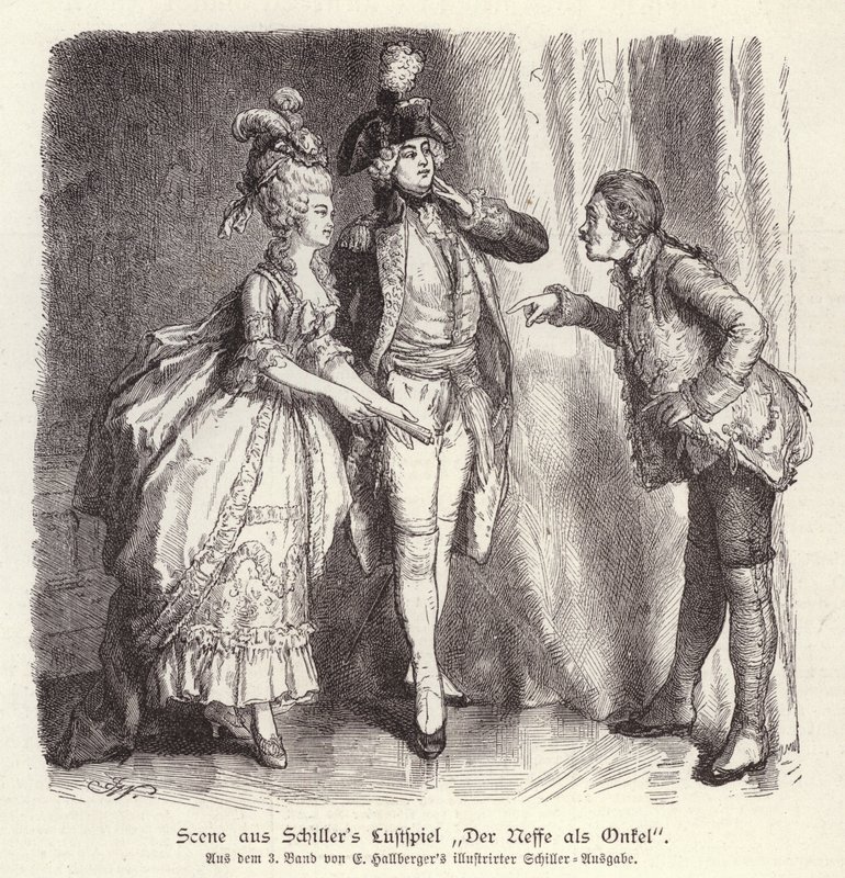 Scene fra Friedrich Schillers komedie Der Neffe als Onkel (Nevøen som onkel) (gravering) af German School