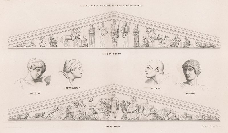 Skulpturer fra frontonerne af Zeus-templet, Olympia, Grækenland (gravering) af German School