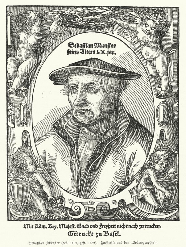 Sebastian Muenster, tysk kartograf, kosmograf og forfatter til Cosmographia, det tidligste værk, der beskriver verden på tysk (gravering) af German School