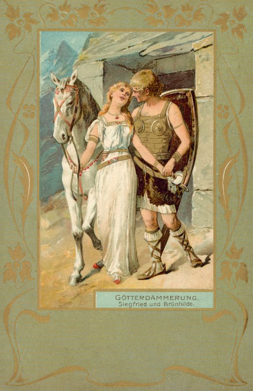 Siegfried og Brunnhilde i en scene fra Gotterdammerung (chromolitho) af German School