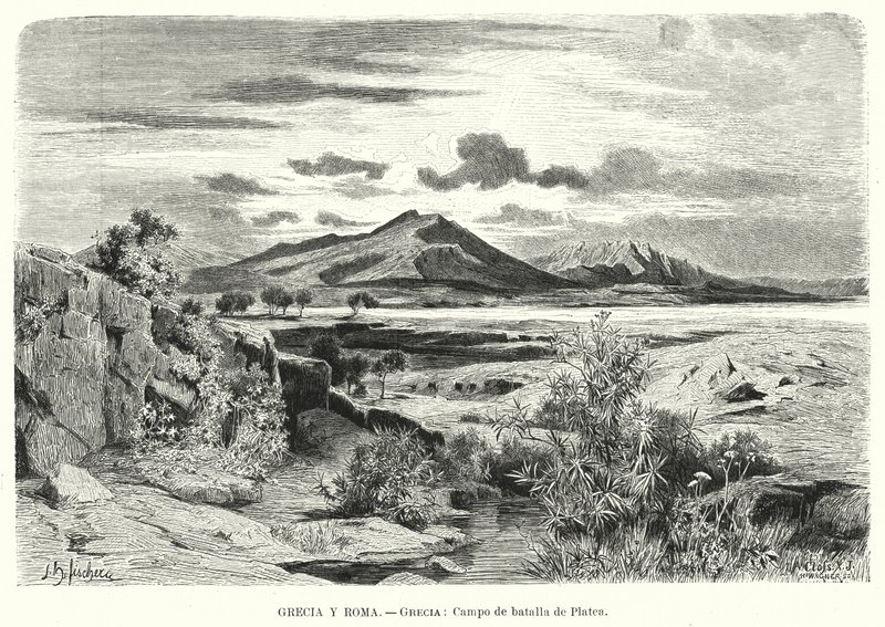 Sted for slaget ved Plataea, Grækenland (litho) af German School