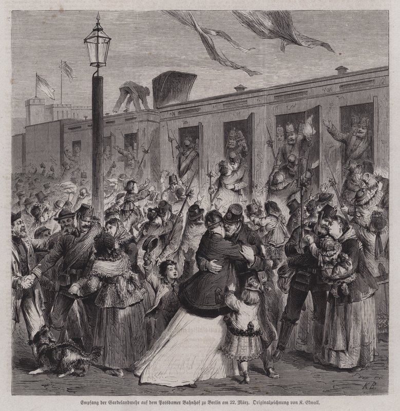 Soldater fra den preussiske Garde Landwehr blev budt velkommen på Potsdam Station, Berlin, ved deres hjemkomst fra den fransk-preussiske krig, 22. marts 1871 (gravering) af German School