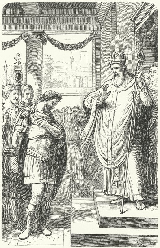 Sankt Ambrosius forhindrer den romerske kejser Theodosius I i at komme ind i Milanos katedral som straf for massakren i Thessalonika, 390 (gravering) af German School