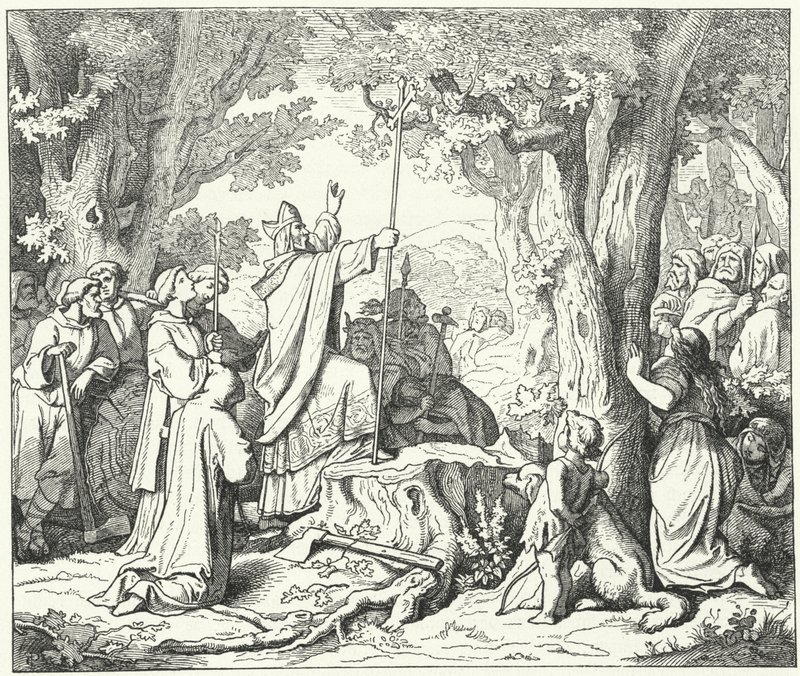 St. Bonifatius, der fælder Donars Eg, hellig for de hedenske tyskere (gravering) af German School