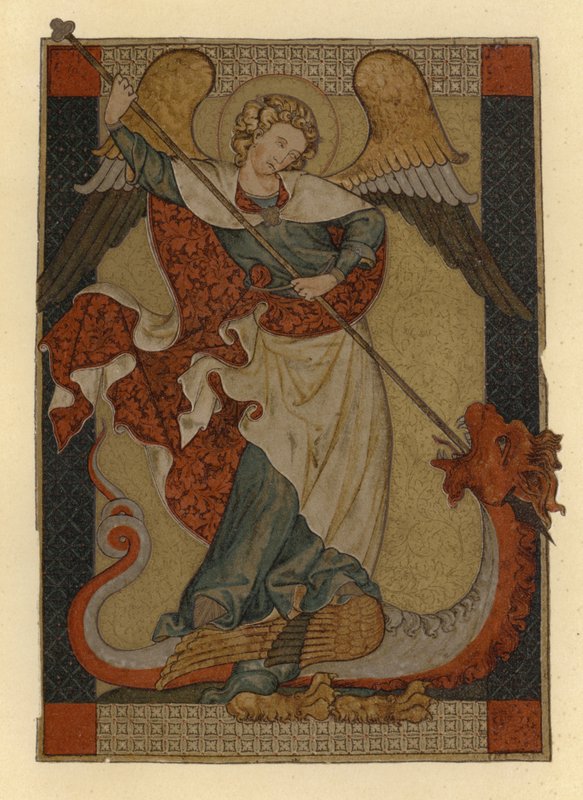 Ærkeenglen St Michael besejrer Satan afbildet som en drage af German School