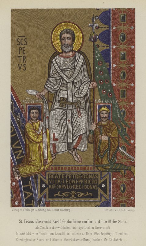 Sankt Peter præsenterer Karl den Store Roms flag og pave Leo III stolen (farve litho) af German School
