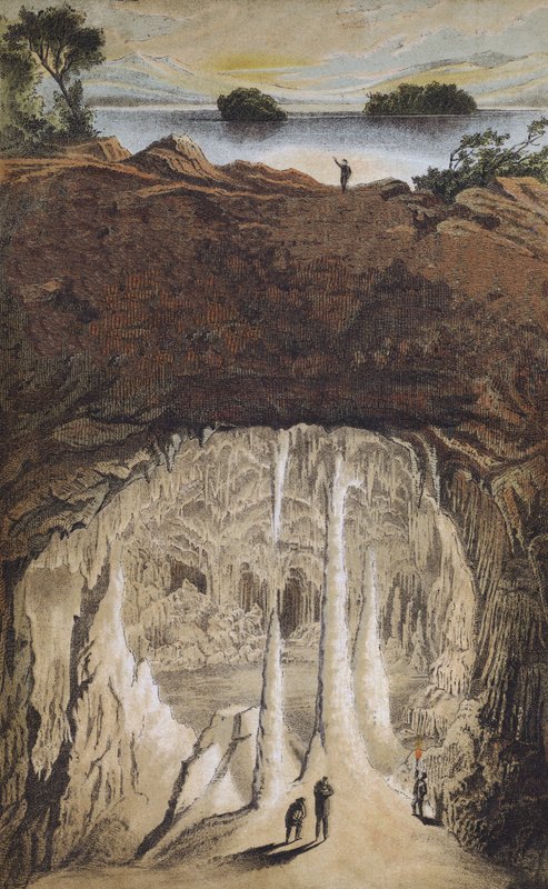 Drypsten og stalagmitter i en hule (farve litho) af German School