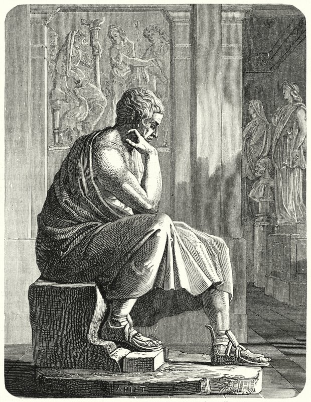 Statue af Aristoteles, oldgræsk filosof og videnskabsmand (gravering) af German School