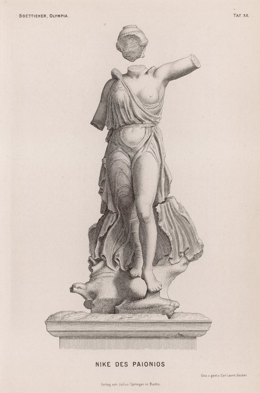Statue af Nike, oldgræsk sejrsgudinde, af Paionios, udgravet i Olympia, Grækenland (gravering) af German School