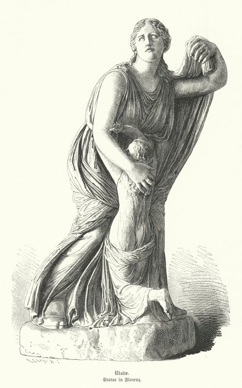 Statue af Niobe beskytter et af hendes børn mod Artemis og Apollo (gravering) af German School