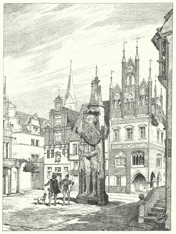 Statue af Roland rejst i 1404 ud mod katedralen i Bremen, Tyskland (gravering) af German School