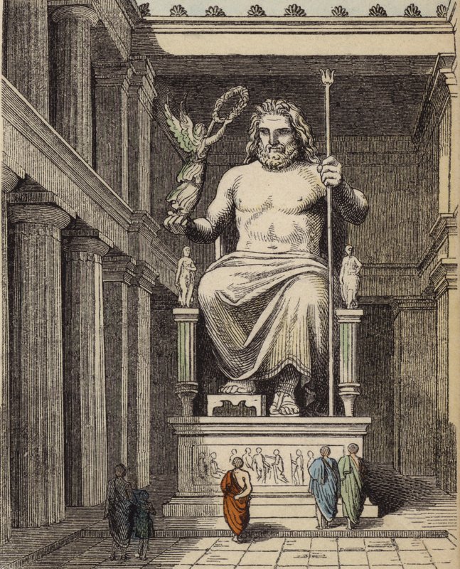 Statue af Zeus i det antikke græske tempel ved Olympia (farvet indgravering) af German School