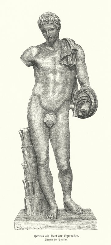Statue af den antikke græske gud Hermes som gymnasternes gud (gravering) af German School