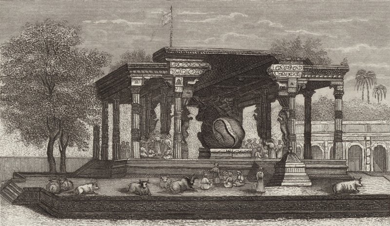 Statue af den hellige tyr Nandi i et hinduistisk tempel i Tanjore, Indien. Illustration til Bilder-Atlas (gravering) af German School
