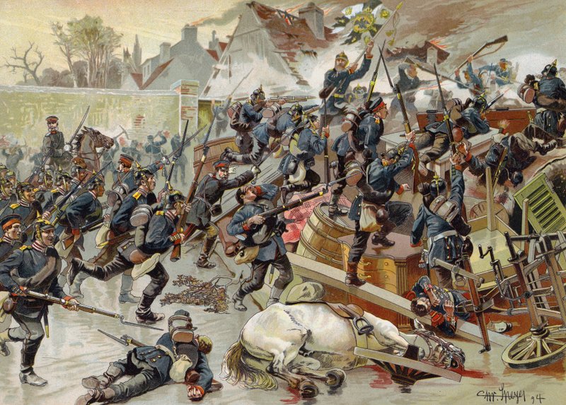 Stormning af den store barrikade ved indgangen til Le Bourget af dronning Elisabeths 3. regiment af grenadiergarder, den fransk-preussiske krig, 30. oktober 1870 af German School