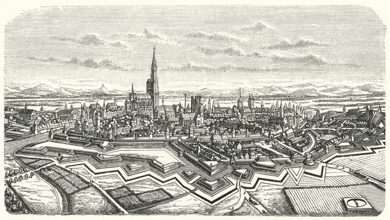 Strasbourg i det 17. århundrede (gravering) af German School