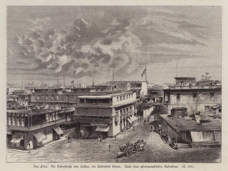 Gade, der fører til havnen i Callao, havnen i Lima, Peru (gravering) af German School