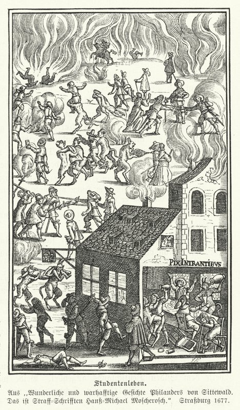 Studenterliv: scene fra Blicke Philanders von Sittewald, af Johann Michael Moscherosch (gravering) af German School