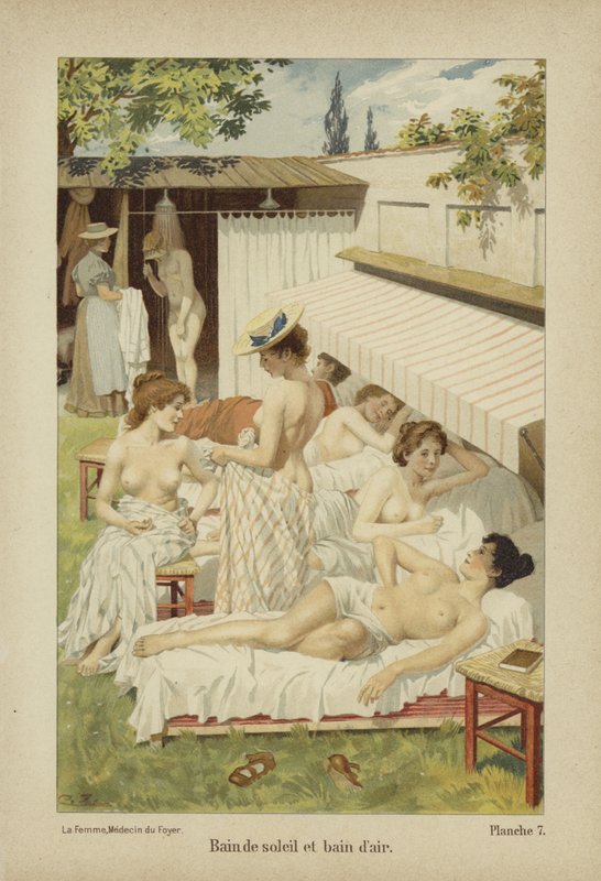 Solbadning og frisk luft (farve litho) af German School