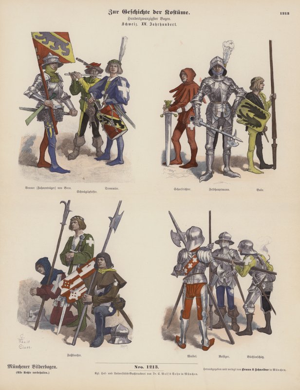 Schweiziske militærkostumer fra det 15. århundrede (farvegravering) af German School