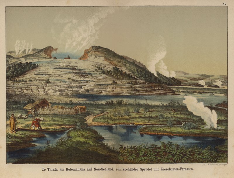 Te Tarata (White Terrace), geotermiske silica-sinteraflejringer på bredden af søen Rotomahana, New Zealand (farve litho) af German School