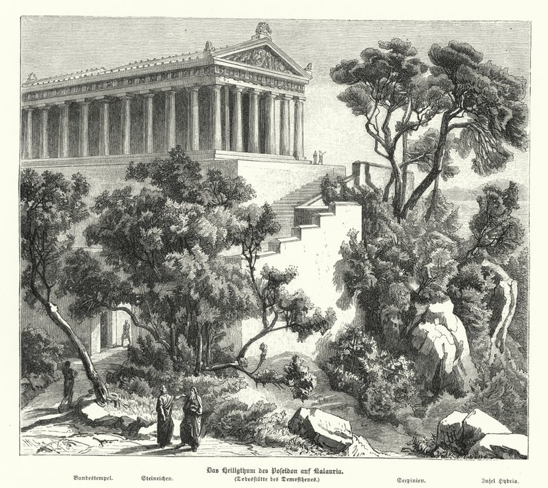 Poseidon-templet, Kalaureia, Grækenland, hvor Demosthenes indtog helligdommen, før han tog gift i 322 f.Kr. (gravering) af German School
