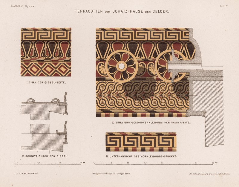 Terracotta dekorationer fra finansministeriet i Gela, Olympia, Grækenland (farve litho) af German School