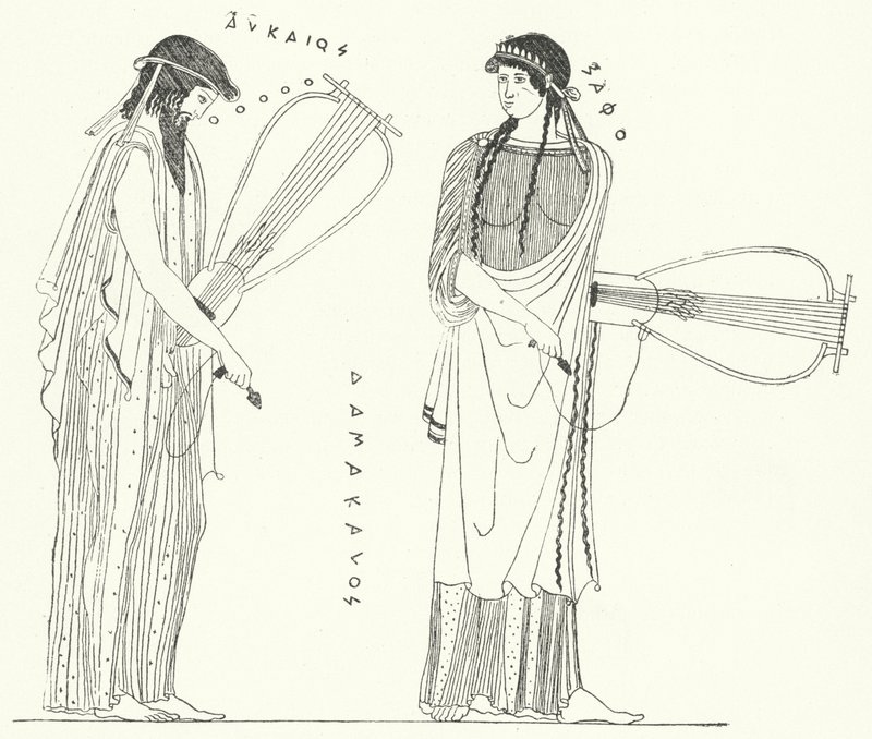 Den antikke græske digter Alcaeus og hans elsker Sappho (gravering) af German School