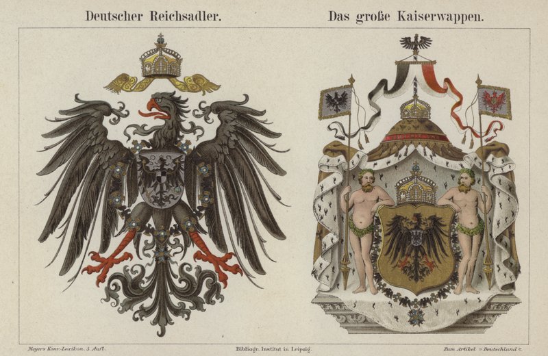 Den tyske kejserørn og kejserens store våbenskjold (farve litho) af German School