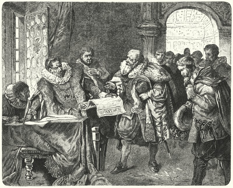 Den hellige romerske kejser Rudolf II giver bøhmiske protestanter større religionsfrihed i sit majestætsbrev af German School