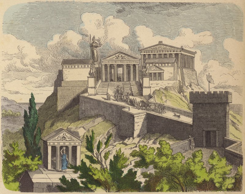 Parthenon på Akropolis, Athen (farvet gravering) af German School