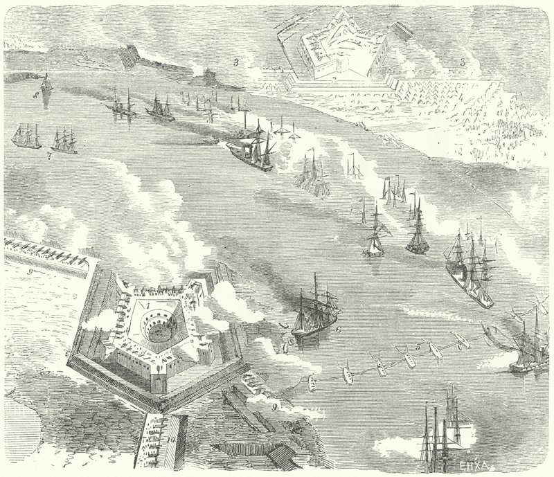 Unionens flåde angriber Fort Jackson og Fort St Philip, Louisiana, amerikansk borgerkrig, 1862 af German School