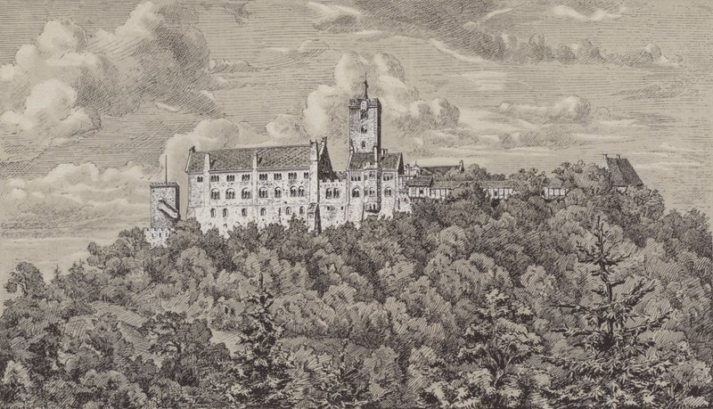 Wartburg, slottet med udsigt over byen Eisenach, Thüringen, Tyskland (litho) af German School