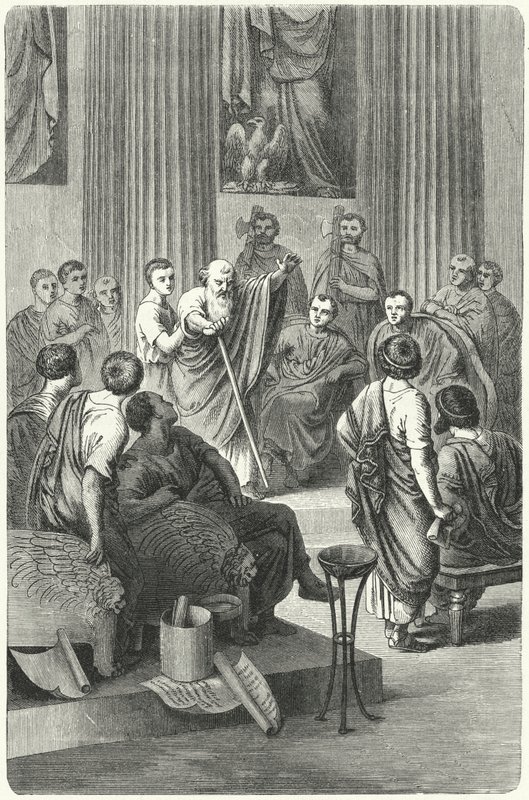 Den blinde Appius Claudius Caecus taler i det romerske senat mod Cineas, ambassadøren for Pyrrhus af Epiris, 279 f.Kr. (stik) af German School