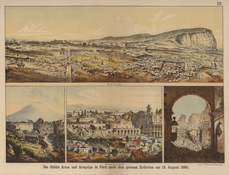 Byerne Arica og Arequipa i Peru efter det store jordskælv den 13. august 1868 (farve litho) af German School