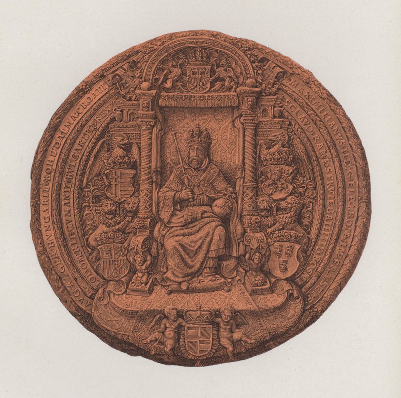 Den hellige romerske kejser Maximilian IIs store segl (farve litho) af German School
