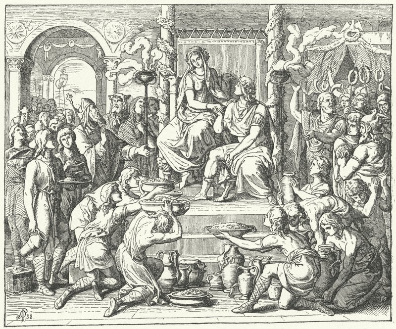 Ægteskabet mellem Ataulf, vestgoternes konge, og Galla Placidia, datter af den romerske kejser Theodosius I, 414 (stik) af German School