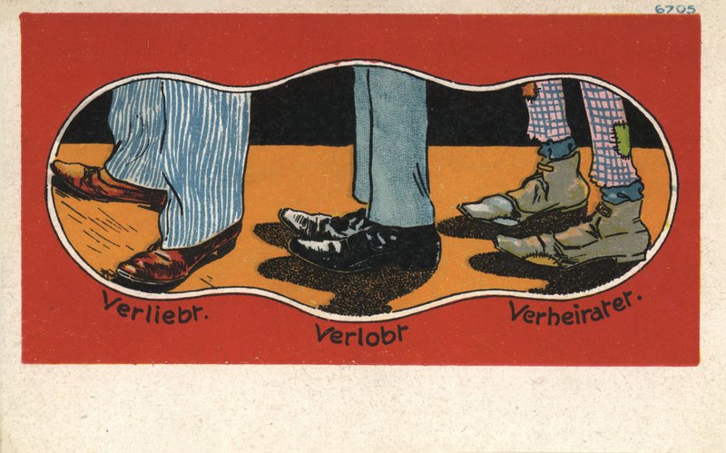 Kærlighedens stadier i sko (farve litho) af German School