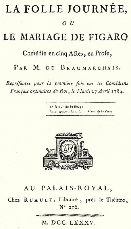 Titelbladet fra skuespillet Figaros bryllup af Pierre Beaumarchais, første gang opført i 1784 (stik) af German School