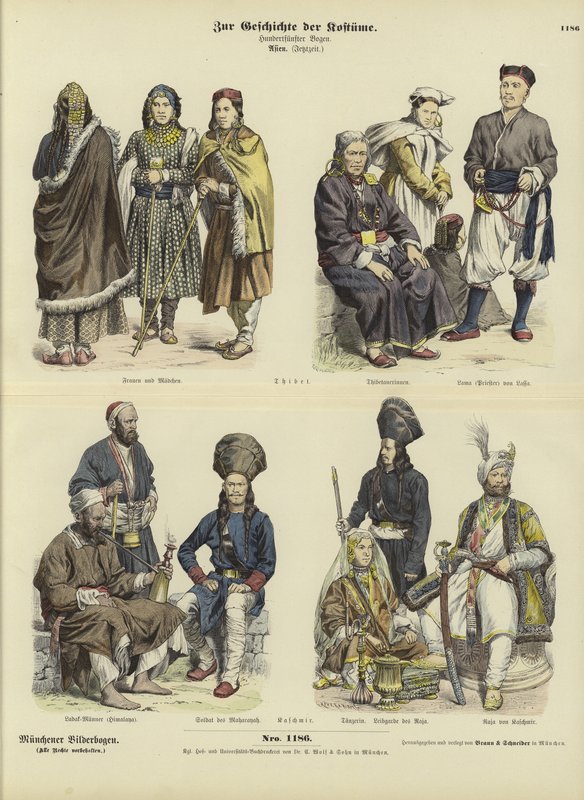 Tibetan and Kashmiri costumes, 19th Century  af German School