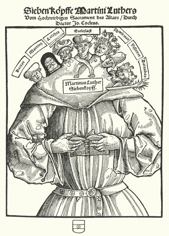 Titelblad på pjecen De syv hoveder af Martin Luther af John Cochlaeus af German School