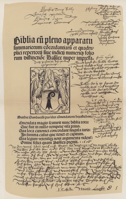 Titelblad fra Martin Luthers bibel (farve litho) af German School