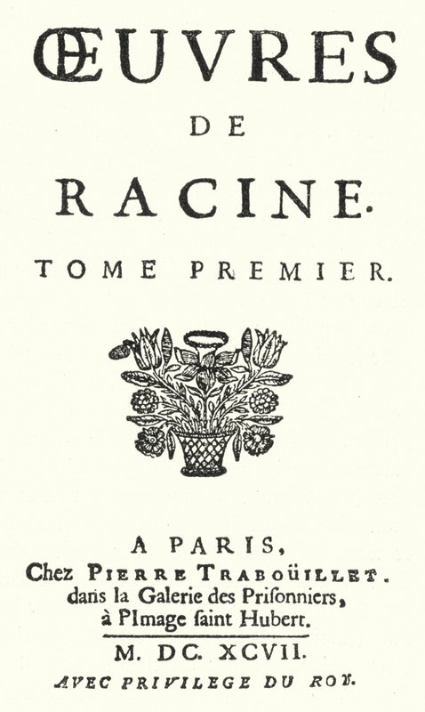Titelside fra en udgave af det første bind af Jean Racines komplette værker, udgivet i 1697 (gravering) af German School