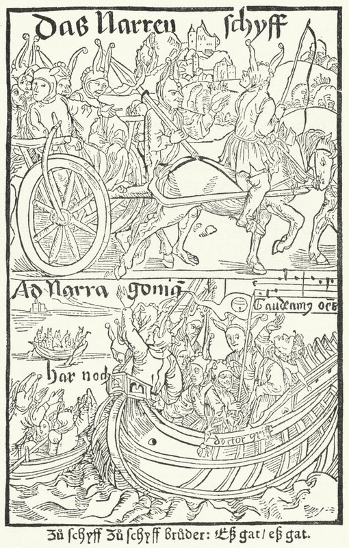 Titelblad fra den første udgave af Sebastian Brants Fools Ship, trykt af Johann Bergmann von Olpe i Basel i 1491 (gravering) af German School