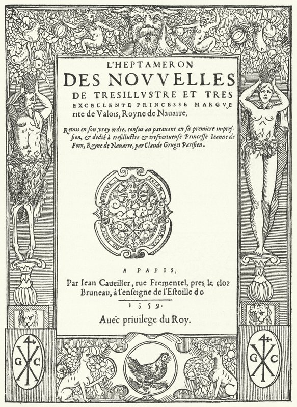 Titelside fra den første udgave af The Heptameron, af Marguerite af Navarra (gravering) af German School