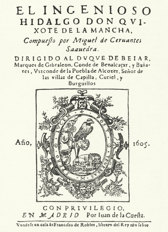 Titelside fra den første udgave af romanen Don Quixote, af Miguel de Cervantes (gravering) af German School